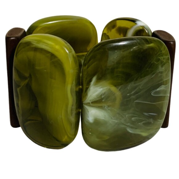 Antique Bakelite Cuff Bracelet Art Deco Swirls Stretch Rectangle Green Rare - Picture 6 of 8